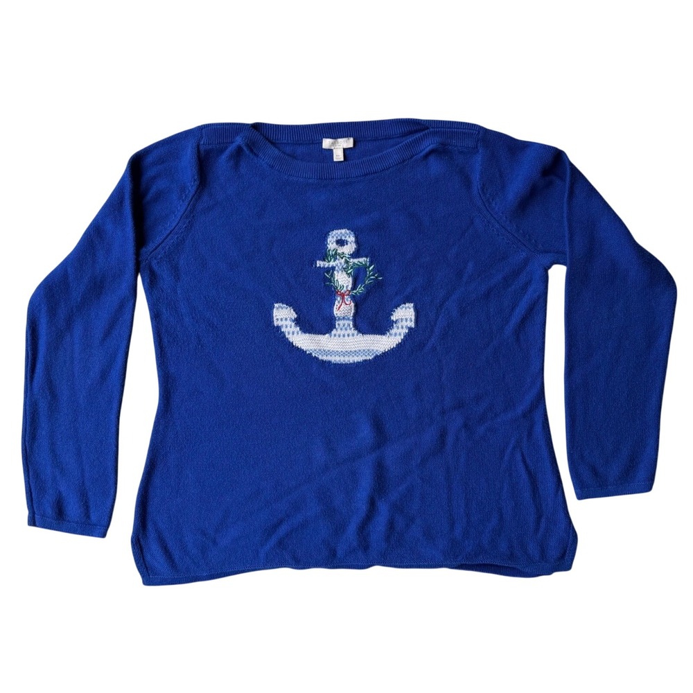 Talbots Royal Blue Anchor Wreath Sweater Womens MP Petite Nautical Holiday Knit
